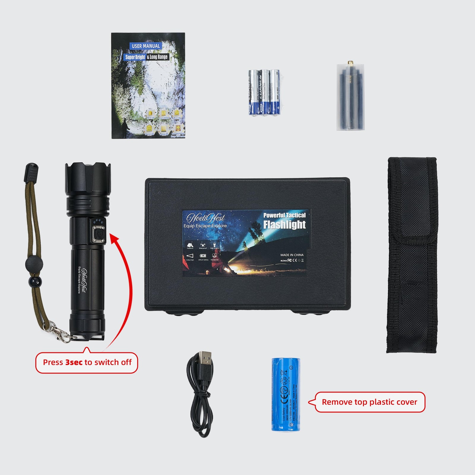 Collection of flashlight components including flashlight, batteries, charger, and packaging on a white background.