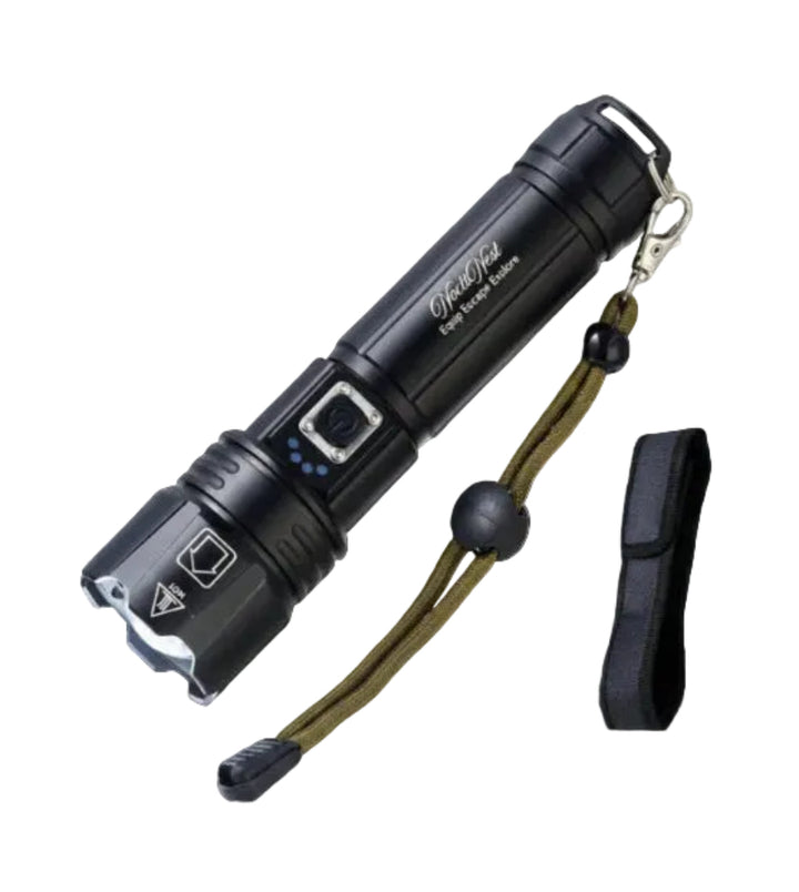 Black flashlight with lanyard and carrying case on a white background